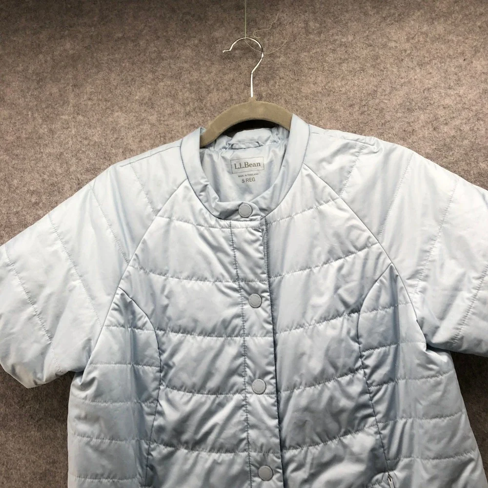 L.L. Bean Collarless Short Sleeve Puffer Jacket Womens S Light Blue Snap Button